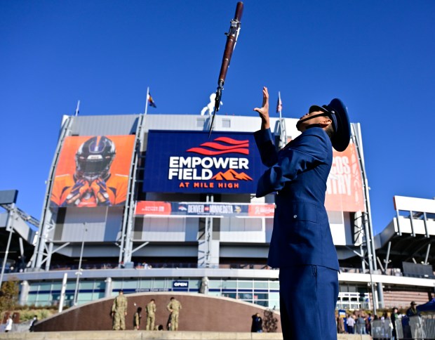 United States Air Force Cadet Honor Guard, cadet Norman Nguyen parctices before the game against the Army West Point Black Knights at Empower Field at Mile High Stadium November 04, 2023. (Photo by Andy Cross/The Denver Post)