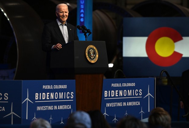 U.S. President Joe Biden speaks to employees at the CS Wind America plant on Nov. 29, 2023, in Pueblo. Biden touted his economic agenda. (Photo by Helen H. Richardson/The Denver Post)