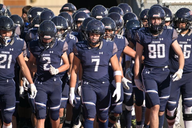 Columbine High School LB James Cillessen (7) and team are in Jeffco Stadium for the game against Arvada West in Lakewood, Colorado on Friday, October 13, 2023. (Photo by Hyoung Chang/The Denver Post)