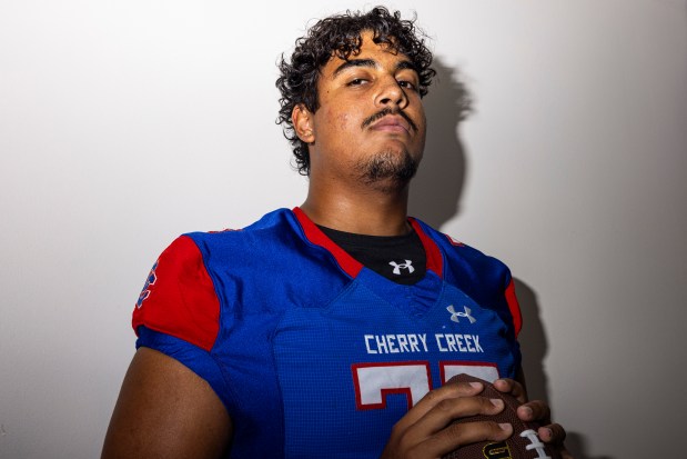 DENVER, COLORADO - AUGUST 14: AJ Burton (78) of Cherry Creek High School football poses for a portrait during the Broncos/CHSAA Fall Media Day at Empower Field at Mile High in Denver, Colo., on Monday, Aug. 14, 2023. (Photo by Grace Smith/The Denver Post)