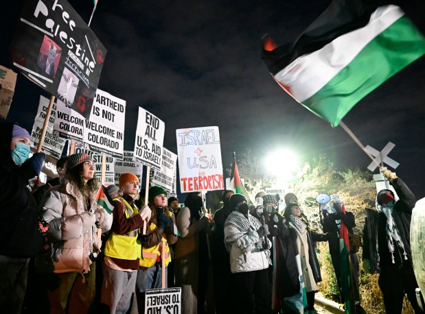 Pro-Palestine protesters gather in a parking lot on the Auraria Campus in advance of marching to the Global Conference for Israel at the Colorado Convention Center November 30, 2023. (Photo by Andy Cross/The Denver Post)