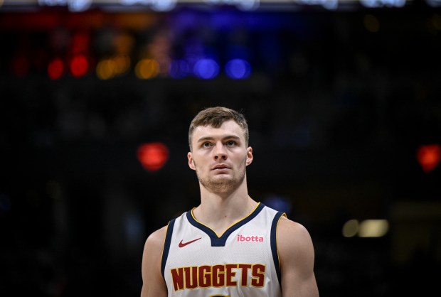 Denver's Christian Braun (0) on the court during the third quarter against the New Orleans Pelicans at Ball Arena in Denver on Monday, November 6, 2023. (Photo by AAron Ontiveroz/The Denver Post)