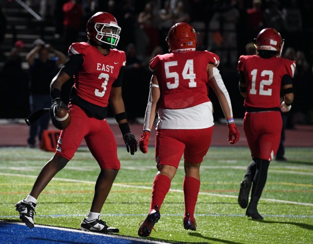 DENVER, CO - NOVEMBER 3: Denver East's Damien Crowe Jr. (3) after scoring the two point conversion in the second half as Mullen High School plays Denver East High School in the first round of 5A football playoffs at All-City Stadium on November 3, 2023 in Denver, Colorado. (Photo By Kathryn Scott/Special to The Denver Post)
